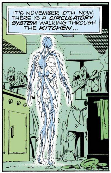 Panel from The Watchmen saying “It’s November 10th now. There is a circulatory system walking through the kitchen…” and showing just that.