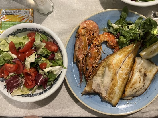 insalata mista and mixed grilled fish, which comprised squid, prawns, and red snapper. prawns remained a problem and squid was … squid but the red snapper was great.