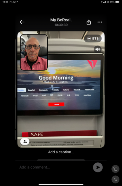 BeReal screenshot seated on a plane