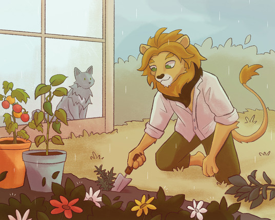 Ado the lion in the garden with his cat, Essie