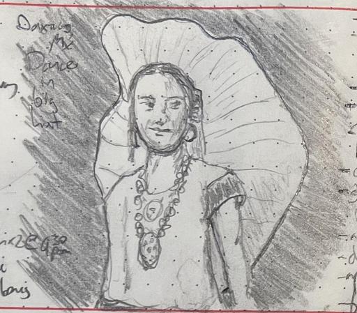 A pencil sketch of a young woman wearing a large hat and necklace. She is a dancer from Oaxaca, Mexico.
