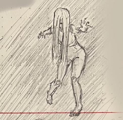 A pencil sketch of a j-horror-style female figure lurching toward teh viewer, long, stringy hair obscuring her face.