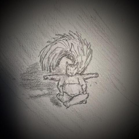 A pencil sketch of a squirrel-like warrior monk sitting cross-legged with its large, bushy tail forming a circle behind it.
