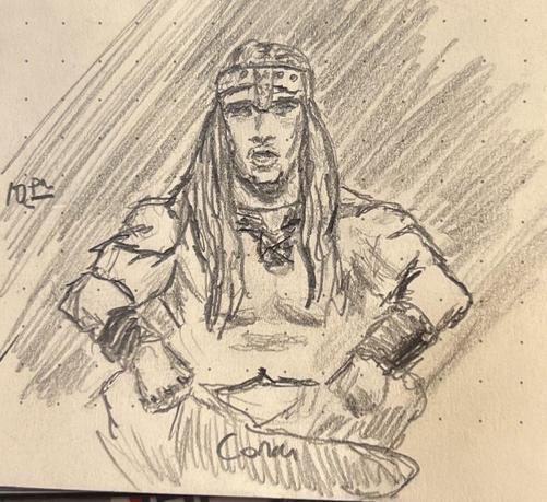 A pencil sketch of Conan the Barbarian, based on a still from the 1982 film