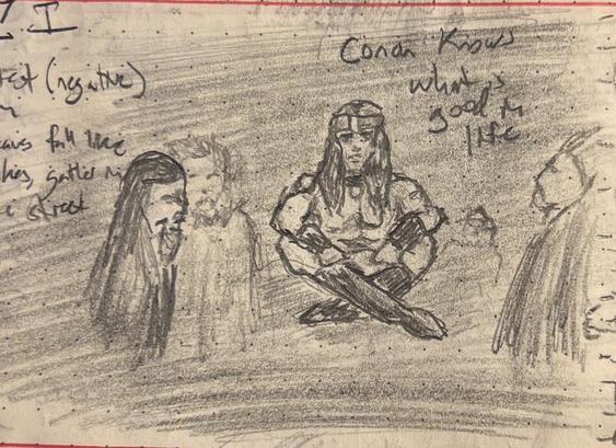 Sketch of Conan seated and delivering his "What is best in life…?" speech.
