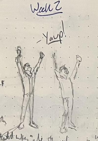 A pencil sketch of a little man loosing a barbaric "yawp!"