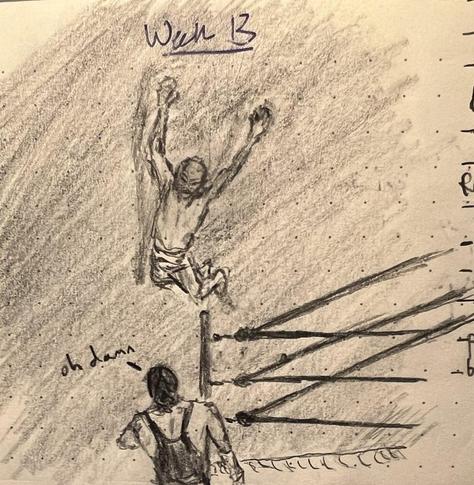 A luchador ("Mexican wrestler") leaping from the ropes to smash down upon his opponent outside the ring. That opponent gazes back up at his imminent ass-whooping and mutters "oh damn"