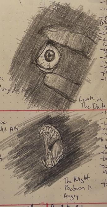 A pair of pencil sketches. The top sketch shows an eyeball in the darkness, the lids being pulled back by finger and thumb. The lower sketch shows a baboon's teeth screaming from the darkness.