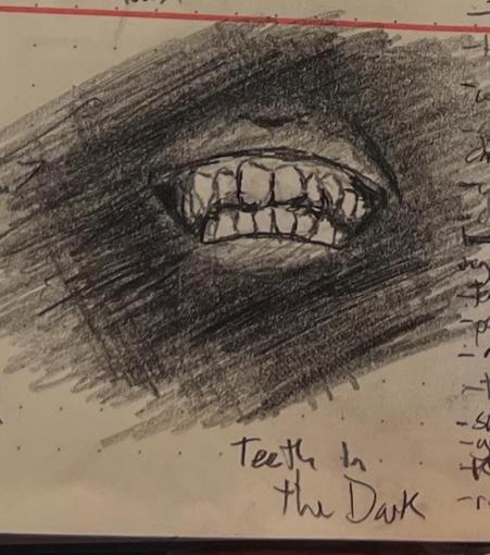 A pencil sketch of teething smiling out of the gloom.