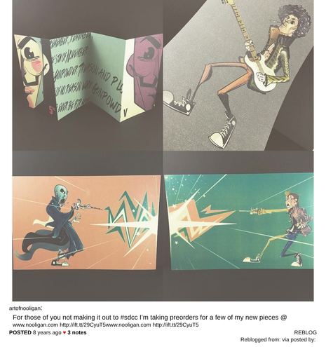 Cropped screenshot of a Tumblr reblog of someone selling art prints at SDCC 8 year ago.