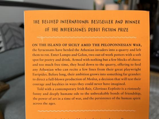 Back cover:

THE BELOVED INTERNATIONAL BESTSELLER AND WINNER 
OF THE WATERSTONES DEBUT FICTION PRIZE

     ~~~~~~~~~~~~~~~~~~~~~~~~~~~~~~~~~~~~

ON THE ISLAND OF SICILY AMID THE PELOPONNESIAN WAR,
the Syracusans have herded the Athenian invaders into a quarry and left
them to rot. Enter Lampo and Gelon, two out-of-work potters with a soft
spot for poetry and drink. Armed with nothing but a few blocks of cheese
and too much free time, they head down to the quarry, offering to feed
any Athenian who can recite a few lines from their great playwright
Euripides. Before long, their ambition grows into something far grander:
to direct a full-blown production of Medea, a decision that will test their
courage and loyalties in ways they could never have imagined.
     Told with a contemporary Irish flair, Glorious Exploits is a riotously
funny and deeply humane ode to the unbreakable bonds of friendship,
the power of art in a time of war, and the persistence of the human spirit
across the ages.

     ~~~~~~~~~~~~~~~~~~~~~~~~~~~~~~~~~~~~
