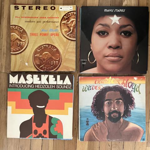 This image shows four album covers.

The Australian Jazz Quintet - "Modern Jazz Performance of Three Penny Opera".

Mavis Staples - (self-titled album or an album with her image prominently displayed).

Masekela - "Introducing Hedzoleh Soundz".

Charles Lloyd - "Waves".


