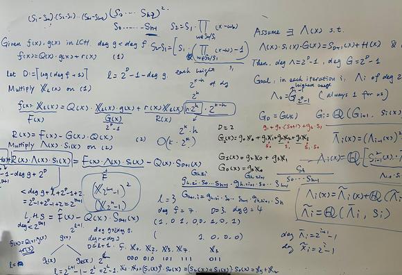 This photo shows a densely filled whiteboard covered in mathematical expressions and diagrams written primarily in blue and some red marker. The content appears to involve polynomial algebra, modular arithmetic, and possibly error-correcting codes or symbolic computation.

Key visual features and content include:

⸻

🧮 Mathematical Topics Present:
	•	Polynomials: Notation like f(x), g(x), Q(x), R(x) suggests long division or factorization of polynomials.
	•	Set theory & sequences: Sets labeled …
