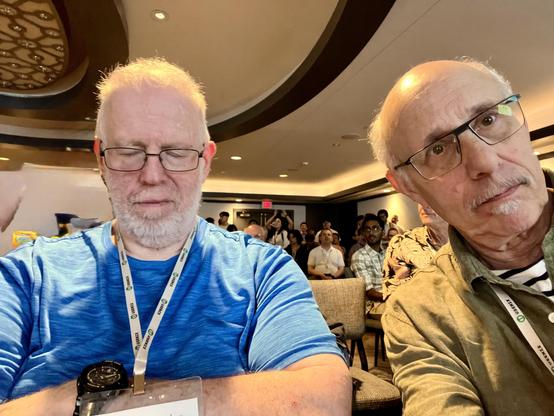 This photo shows me and Andrew Hume taking an ussie in conference venue. Andrew is wearing a blue heathered long-sleeve shirt and has gray hair, a full gray beard, and glasses. He's wearing a black watch and has a lanyard with a conference badge. I am wearing an olive-colored shirt and also have glasses, gray hair, and a gray goatee. I am also wearing a conference lanyard.

We're seated in comfortable lounge chairs in a modern, upscale space with sophisticated architectural details including a curved ceiling with recessed lighting and decorative elements. In the background, you can see other conference attendees socializing, and the setting has warm lighting that creates an elegant atmosphere.