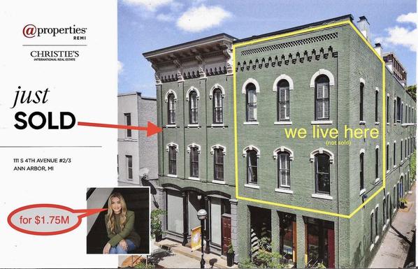 This is a real estate marketing image showing a historic brick building that has just been sold. The building is a classic 19th-century commercial structure with green-painted brick exterior, featuring ornate architectural details including decorative cornices, arched windows with white trim, and ground-floor storefronts.

The property is located at 111 S 4th Avenue #2/3 in Ann Arbor, Michigan, and sold for $1.75 million according to the Christie's International Real Estate and @properties mark…
