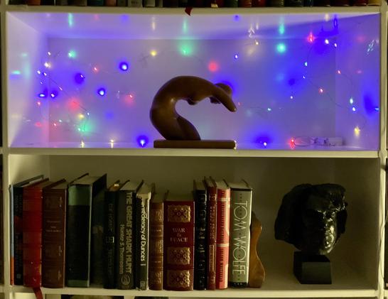 This image shows a cozy bookshelf display with two distinct levels. The top shelf features a striking backdrop of colorful string lights creating a magical, twinkling effect with scattered blues, purples, greens, reds, and yellows. Silhouetted against this luminous background is a curved, sculptural object that resembles a wave or abstract form made of dark wood.

The bottom shelf contains a collection of books of varying sizes and colors, including titles like “War and Peace” and what appears to be classic literature volumes with ornate spines in reds, browns, and other rich colors. On the right side of this shelf sits a dark sculptural bust or head, which appears to be a classical-style profile sculpture, possibly depicting a historical figure.

The overall composition creates an atmospheric, literary ambiance with the contrast between the vibrant, festive lighting above and the more traditional, scholarly collection of books and classical sculpture below. The warm lighting gives the entire scene a contemplative, almost mystical quality that would be perfect for a reading nook or study area.​​​​​​​​​​​​​​​​