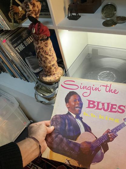 This photo captures a classic blues vinyl album being displayed in front of a record collection.

The Album: "Singin' the Blues" by B.B. King - a vintage record with a cream-colored cover featuring bold pink script lettering and yellow text. The cover shows B.B. King in a formal dark suit, smiling broadly while holding his guitar. The image has that wonderful vintage quality typical of early blues recordings.

The Setting: The photo is taken from above, showing:

A turntable with clear dust cov…
