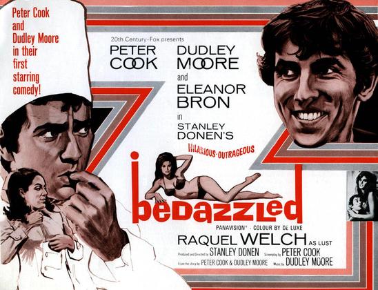 This is a vintage movie poster for "Bedazzled," a comedy film from 20th Century-Fox. The poster features a distinctive 1960s design aesthetic with red, gray, and white horizontal stripes as graphic elements.

The poster prominently displays the stars Peter Cook and Dudley Moore in their first starring comedy together, with illustrated portraits of both actors - Cook on the left with a more serious expression, and Moore on the right with a broad smile. There's also an image of a woman (Eleanor B…
