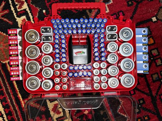 This photo shows an organized battery storage case displayed on a colorful Persian rug with red, black, and cream patterns. The bright red storage organizer is meticulously arranged with various types of batteries:

Battery Organization:

The center features a frame of blue cylindrical batteries (AA and AAA batteries) arranged in neat rows around the perimeter

Various sizes of button cell and coin batteries are systematically placed in the corners and sides - these appear as silver/metallic ci…