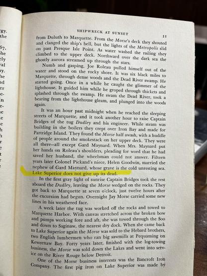 Page 21. “Lake Superior does not give up its dead“ is highlighted. 