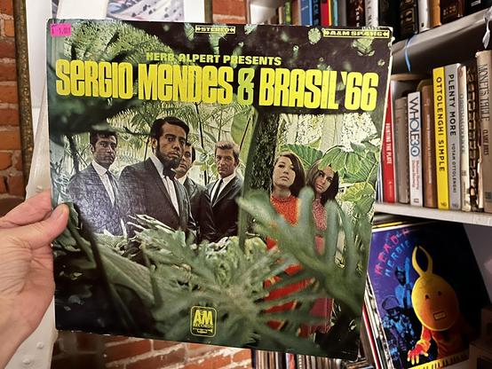 This photo shows a classic Brazilian bossa nova album with iconic 1960s styling.

The Album:
"Herb Alpert Presents: Sergio Mendes & Brasil '66"

Released on A&M Records (1966)

Marked as STEREO on top corners

Album Design:
Bold yellow text against a lush tropical backdrop

The group posed among vibrant green foliage and trees

Four men in dark suits and two women in bright orange/coral and green dresses

Tropical rainforest aesthetic perfectly capturing the bossa nova sound

Pink price sticker…