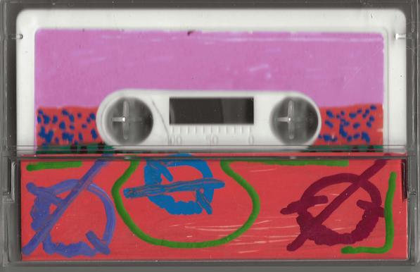 Hand-painted J-cards and tape labels.

Tape 1 (magenta/red top, red with painted loops on bottom)

The top panel (the label area over the cassette windows) has a pink-to-magenta gradient sitting above a red band flecked with small blue dots, like leopard-print texture. Below the cassette hubs, the second panel is a solid red field with loose, looping line-drawings in blue, purple, and maroon — they read like abstract scribbled circles/knots rather than representational shapes.

ALT by Claude