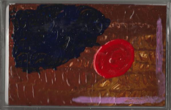 Hand-painted J-cards and tape labels.

Tape 2 (dark abstract/textured — reddish brown)

This one has a more painterly, textured look: a mottled rust/copper background (looks like it could be a marbled or sponge-textured paint job) with a large dark navy/black organic blob in the upper left, a bold red circular "eye" or button shape right of center, and a thin lavender line running along the bottom edge. Moodier and more atmospheric than the other tapes.

ALT by Claude