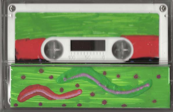 Hand-painted J-cards and tape labels.

Tape 2 (green/red with wormlike shapes)

Top panel: green field over a red stripe, straightforward color-blocking. Bottom panel: bright green background with two long, wavy worm/snake shapes — one red-and-pink striped, one green-and-lavender striped — winding across the panel, surrounded by small dark magenta polka dots.

ALT by Claude