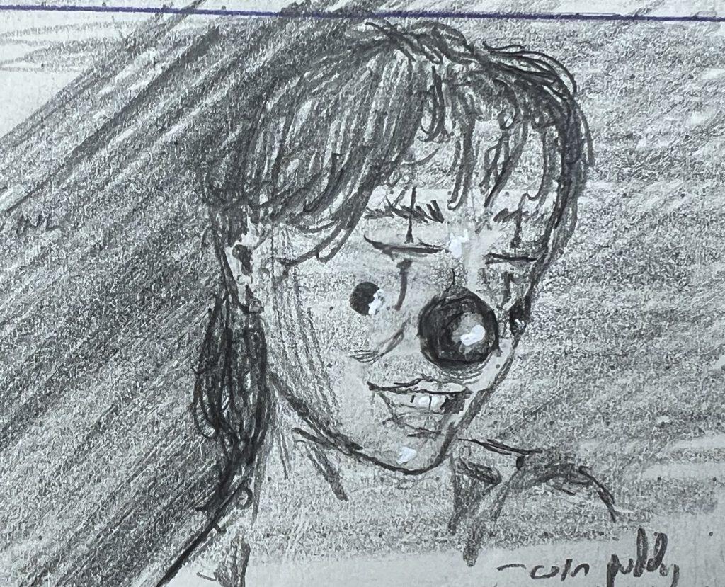 A pencil sketch of a cute girl, clownified.