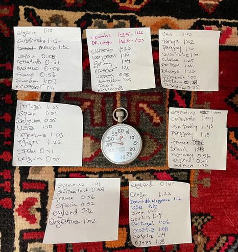 Seven sticky notes ring a mechanical stopwatch (a red-hand Ritter, 15-jewel) on a red, black, and tan Persian rug. Each note lists countries with anthem durations in minutes:seconds, handwritten in black, blue, purple, and red ink, mostly between 0:41 and 1:49.

Top row: one note runs Algeria/Australia/Mexico through Japan, Netherlands, Morocco, France, Sweden, Ecuador. A middle note leads with Colombia and DR Congo (each re-timed twice), then Curaçao, Ivory Coast, Germany, Ecuador, Japan, Swed…