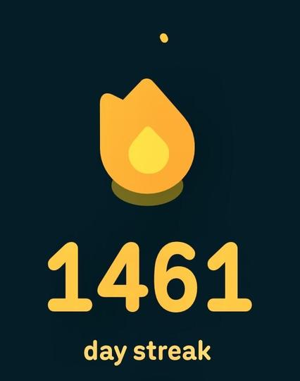 This is a Duolingo streak screen with a dark teal background. In the center is the app's flame mascot — an orange flame icon with a lighter yellow teardrop shape inside it, sitting on an olive-green shadow/base, with a small dot above it. Below the flame, "1461" is displayed in large bold yellow numerals, and underneath that reads "day streak" in smaller yellow text.

1461 days works out to exactly four years (including one leap day).

ALT by Claude